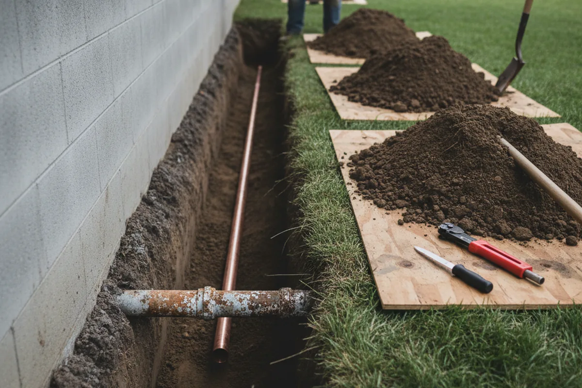 Excavated water line trench during Sewer Line Repair in Menifee